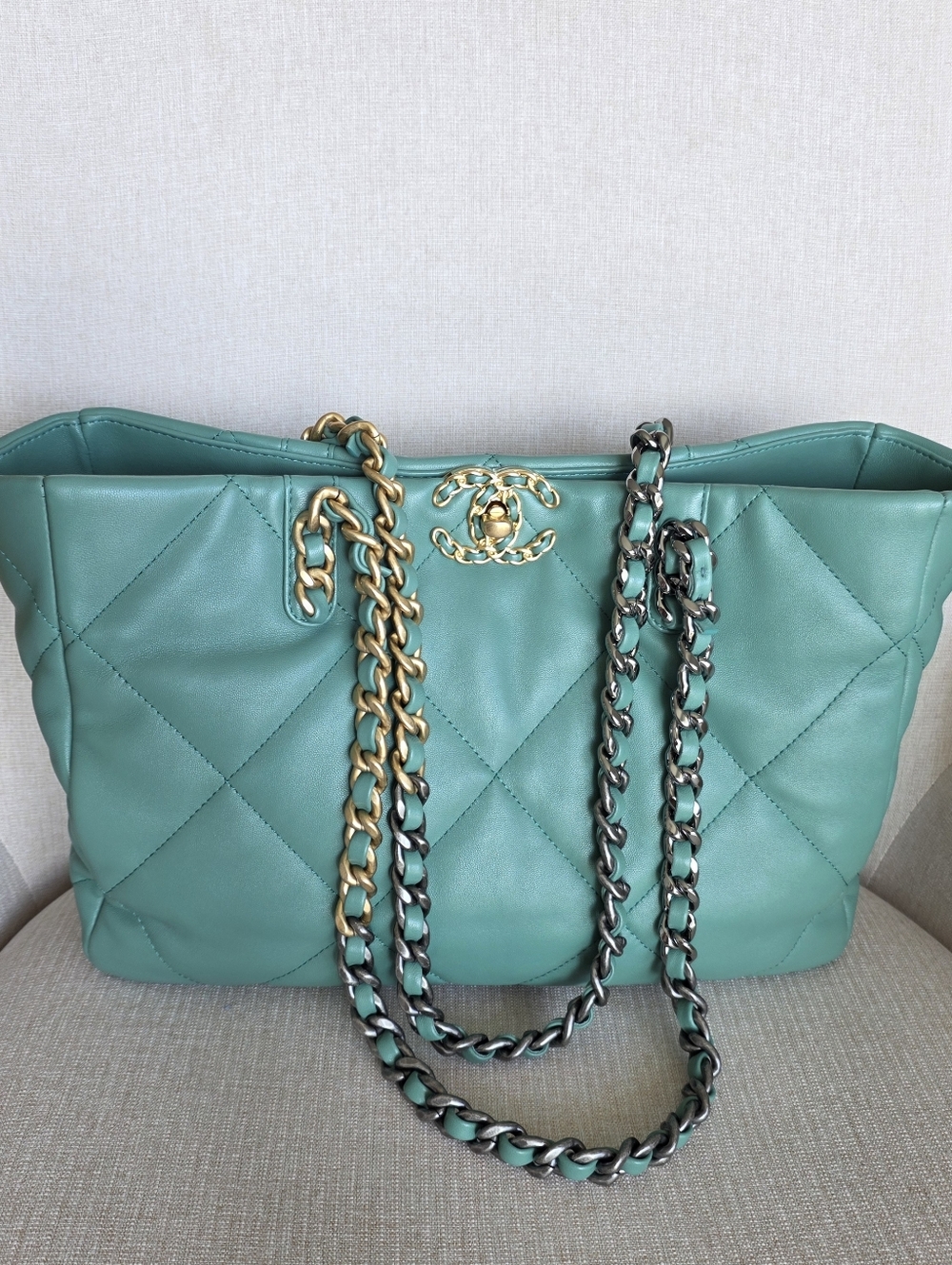CHANEL Shopper Tote EAST-WEST Seafoam Green